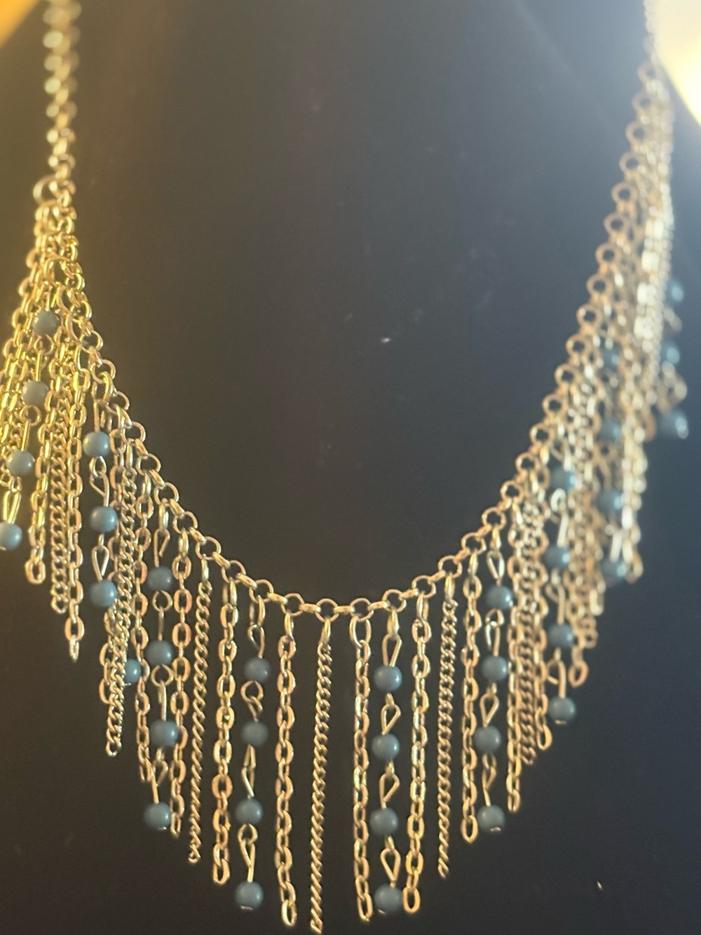 Silver tone Fringe Necklace with Blue Beads